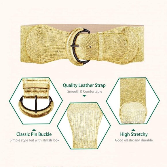 Pu Leather Elastic Gold Wide Belt For Women Ladies Dress Stretch Thick Waist😹 - Picture 3 of 5